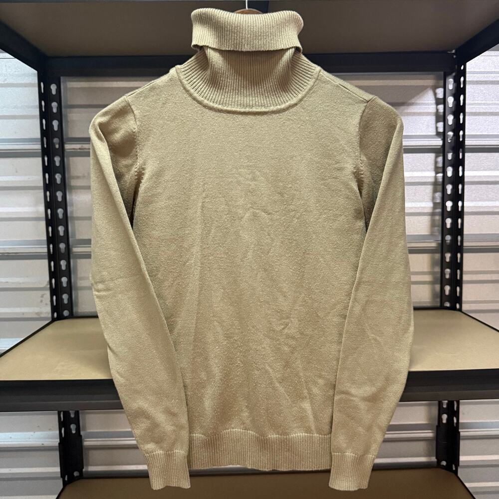 Tan Khaki Ribbed Turtleneck Knit Sweater Pullover Fitted Size S Women's